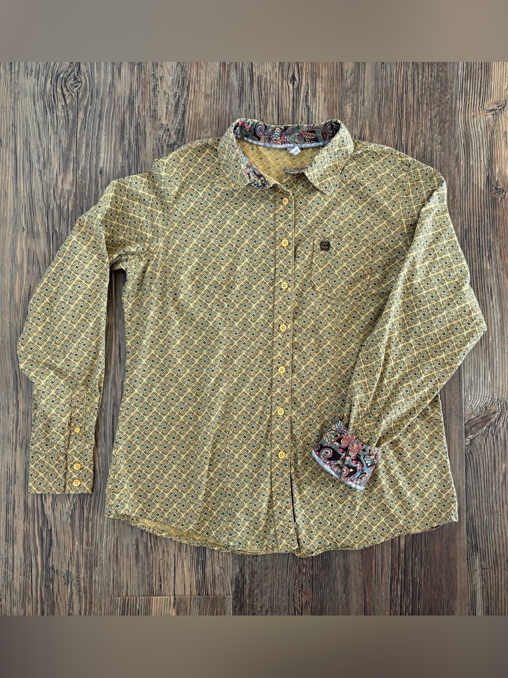 Cinch L/S Button-Up Western Shirt Womens XL Yellow Blue Geometric Contrast Trim